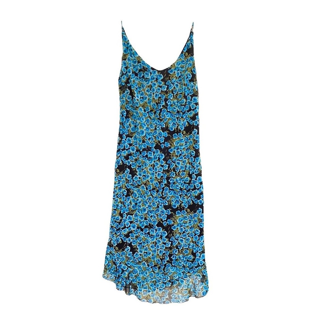 Vintage 1990’s Ecru Clothing Bright Blue Rose Floral Detailing Midi Dress y2k